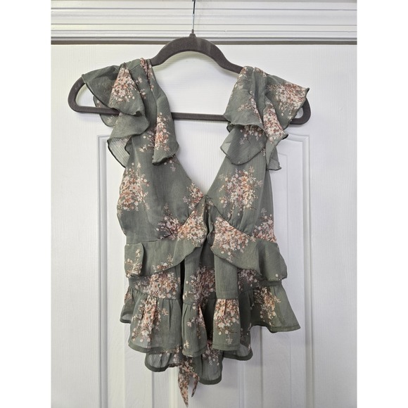 Trixxi Tops - Trixxi Los Angeles Sage Green Floral Ruffle Peplum Top XS Babydoll Cottagecore
